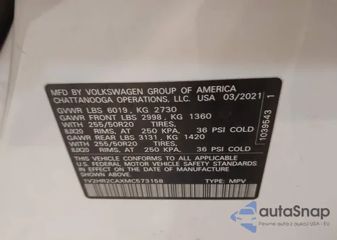 2021 Volkswagen Atlas 3.6L V6 Se W/Technology from USA, damaged, VIN 1V2HR2CAXMC573158